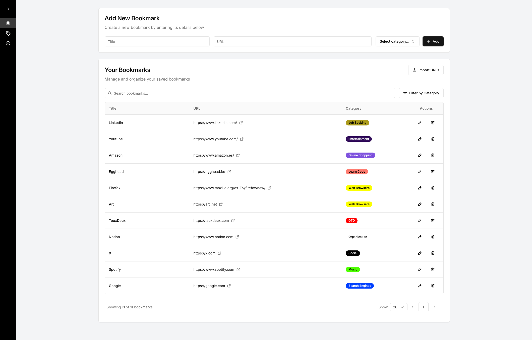 Bookmarks Pro Desktop Interface - Showing the main dashboard with organized bookmarks and categories