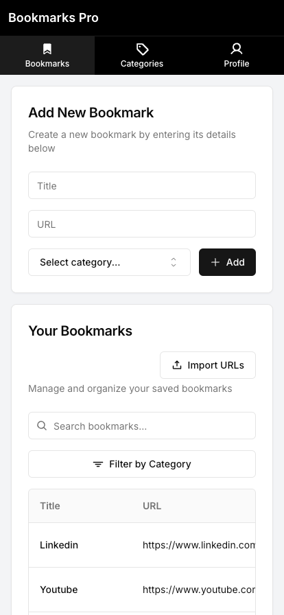 Bookmarks Pro Mobile Interface - Demonstrating responsive design and mobile-friendly features