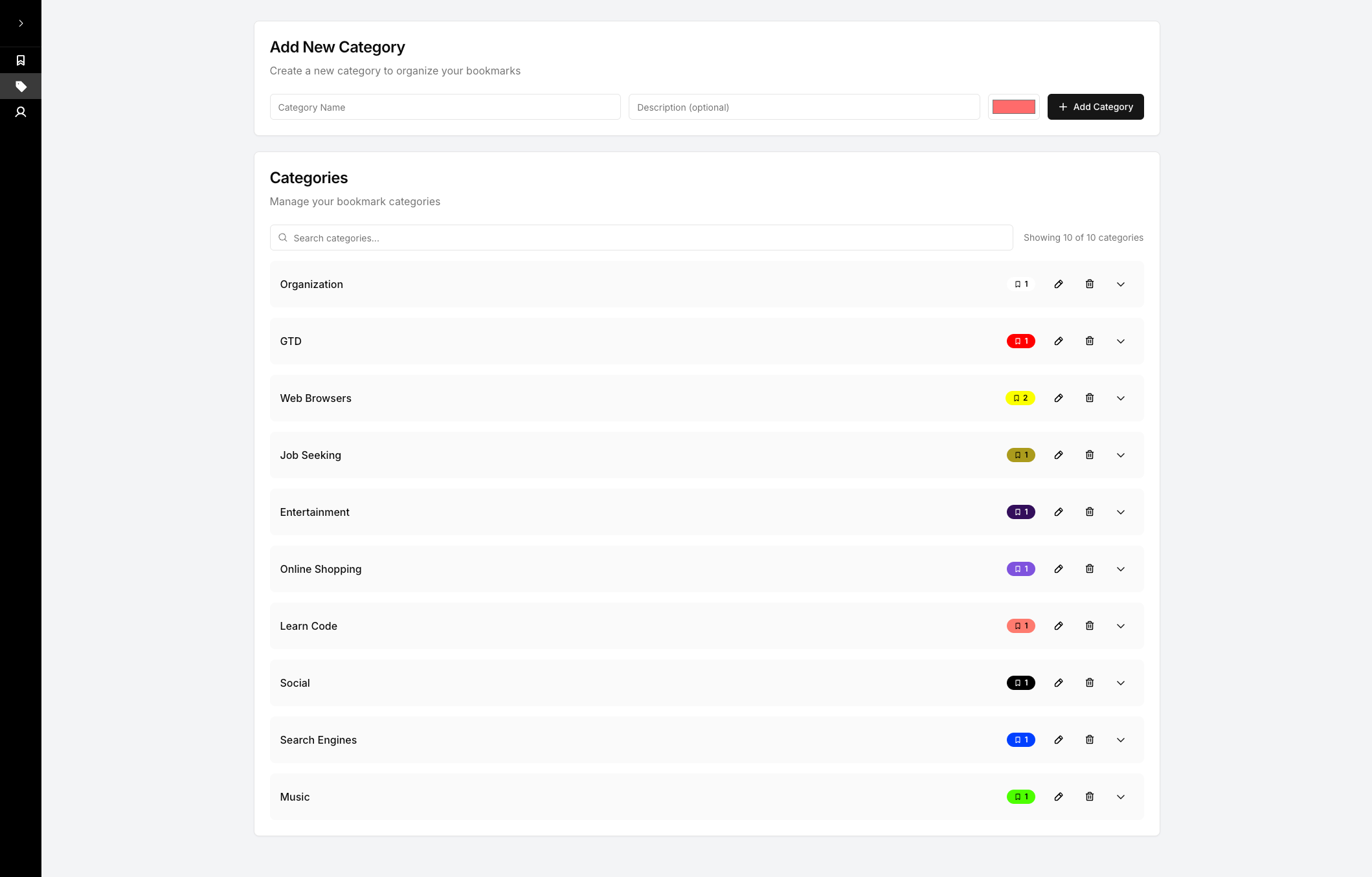 Category Management Interface - Showing how to organize bookmarks into custom categories